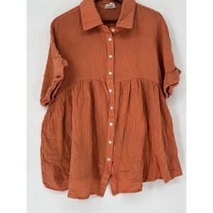 Andree by Unit Button Up Orange Babydoll Puffy Crinkle Fabric Short Sleeve Gauze
